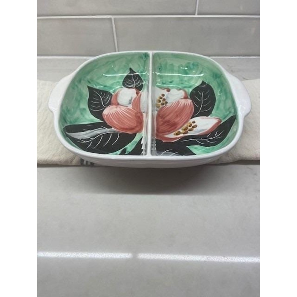 Divided Serving Dish Floral Pink Green Vintage From Italy Hand Painted Ceramic. - Picture 13 of 13